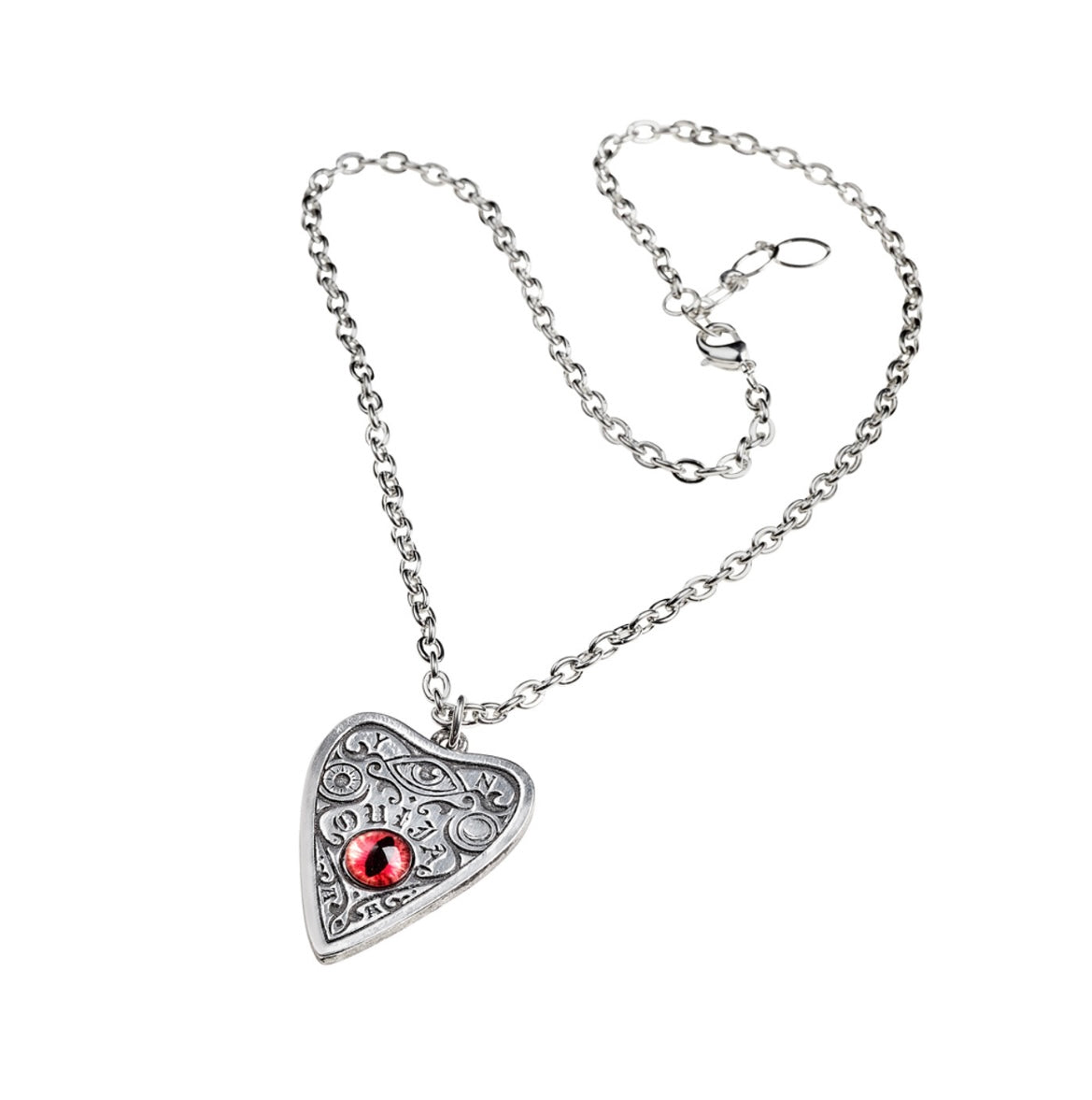 A fine English pewter Petit Ouija pendant featuring a striking red faux taxidermy cat's eye. Inspired by spiritualist traditions and talking boards, this pendant measures 1.54" in height, 1.10" in width, and 0.20" in depth, hanging from an 18-inch chain. It’s a mystical, occult-inspired accessory perfect for those seeking a unique connection to the other side