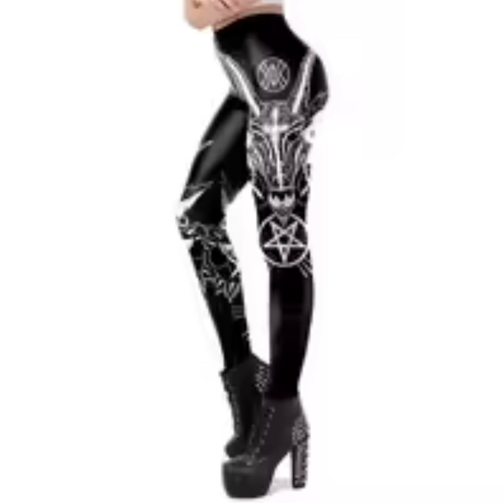 Gothic women’s leggings featuring a white Baphomet pentagram on black fabric with elastic waistband, styled for dark alternative fashion.