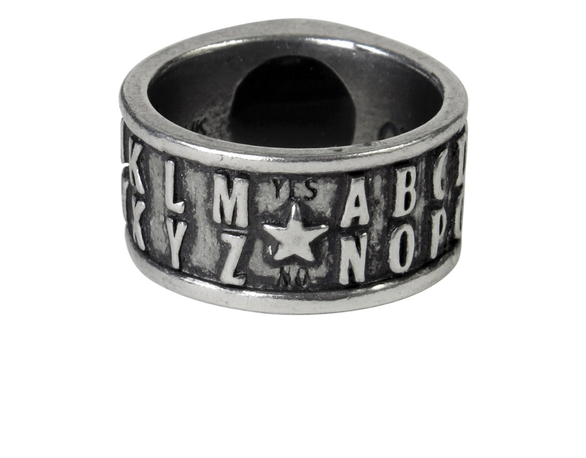 Intricate antiqued pewter band ring featuring a full raised alphabet with a realistic acrylic eye set in the center, perfect for gothic and occult enthusiasts