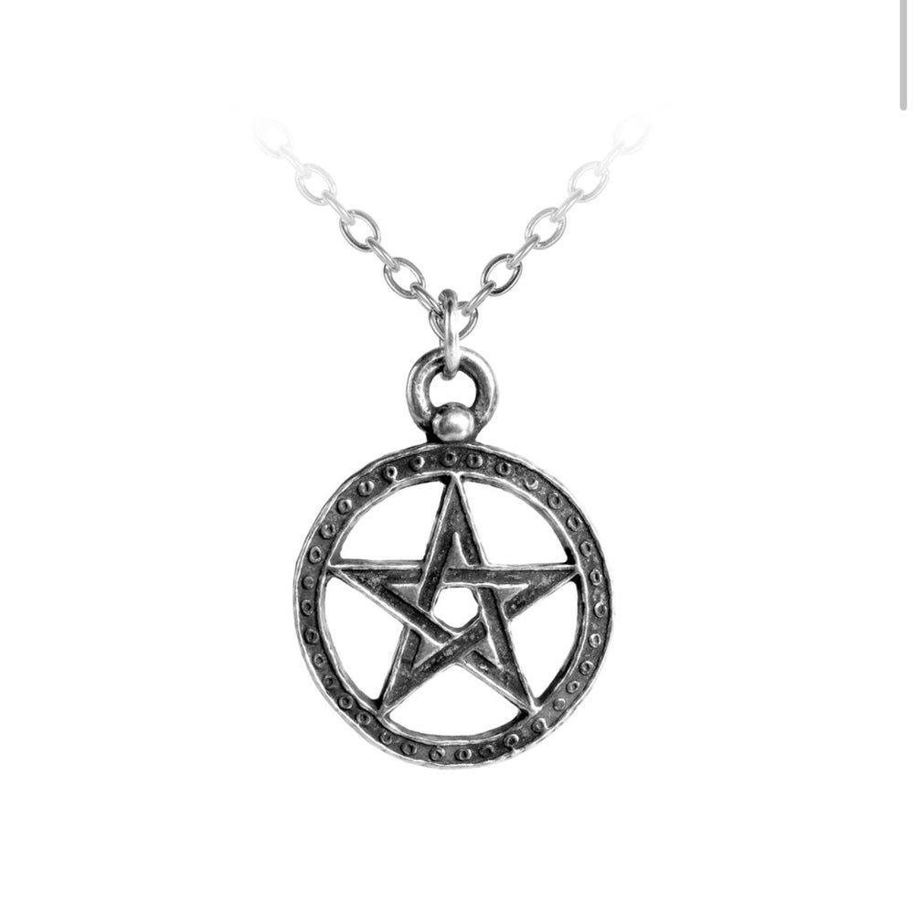 Close-up of Dante's Hex-Pendant with a simple pewter pentagram enclosed in a circle, representing protection and power.