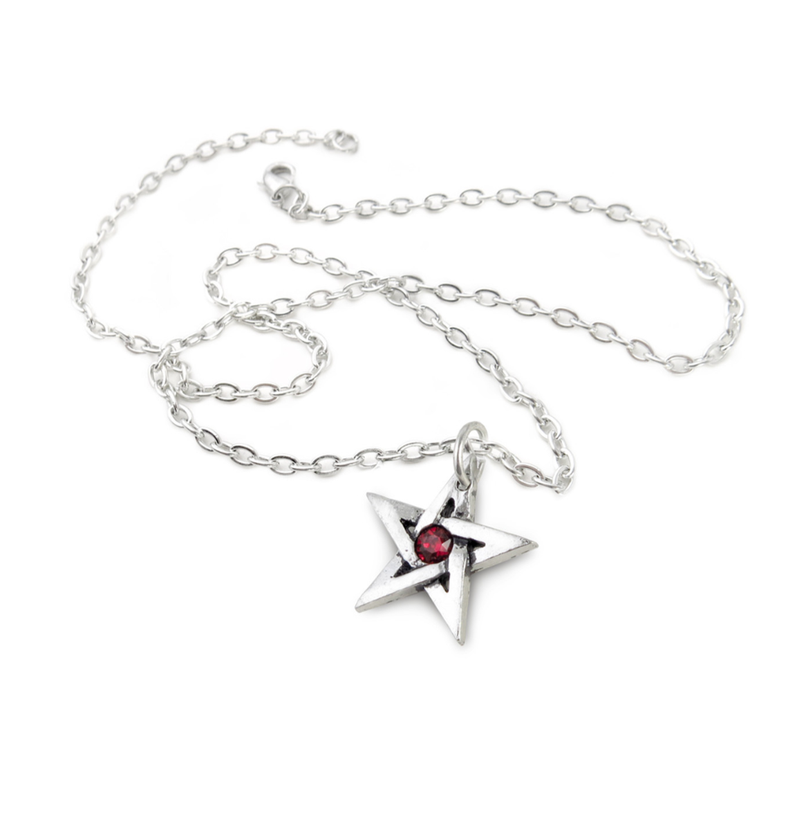 Crystal Pentagram-Pendant featuring a small pewter pentagram with a red Austrian crystal, on an 18-inch chain.