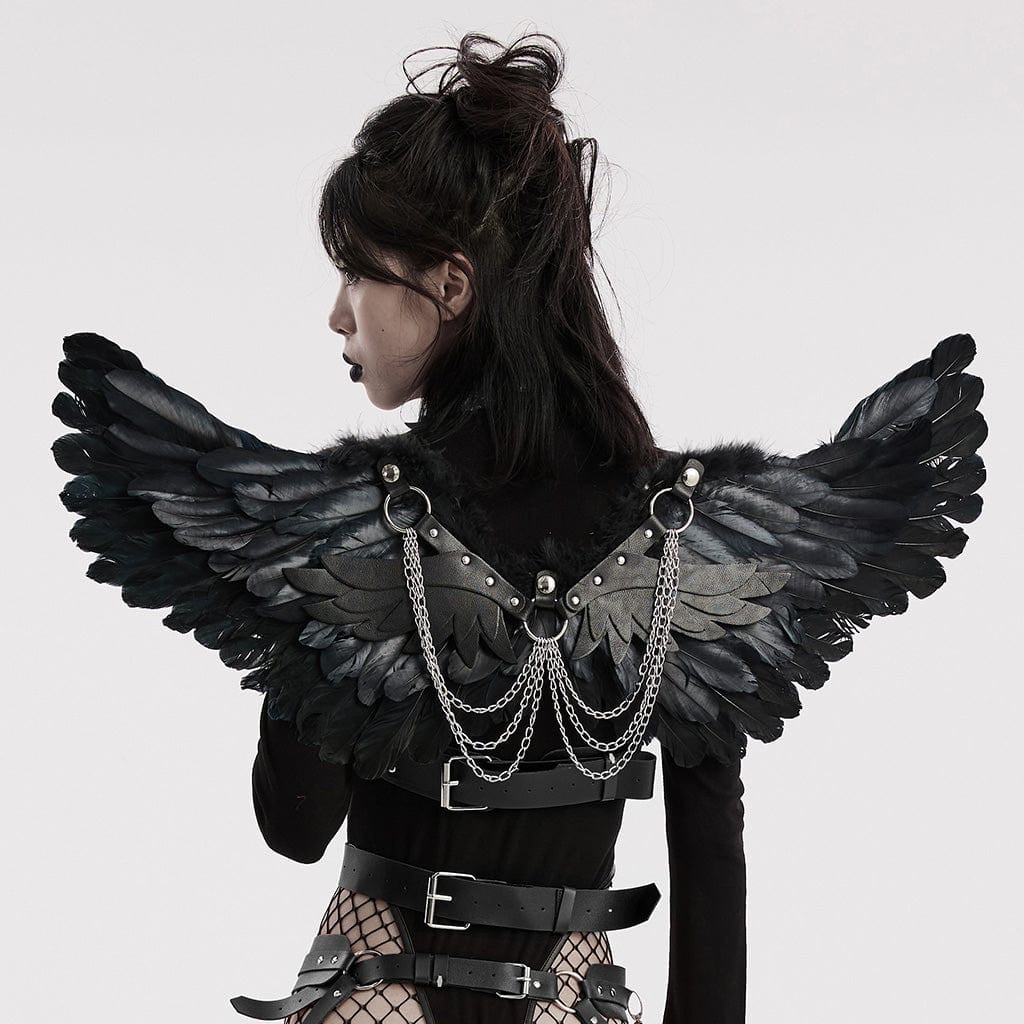Side view of the Path To Decay Gothic Women's Harness, highlighting the intricate layered wing details and suspended chains that add depth and movement to the design.