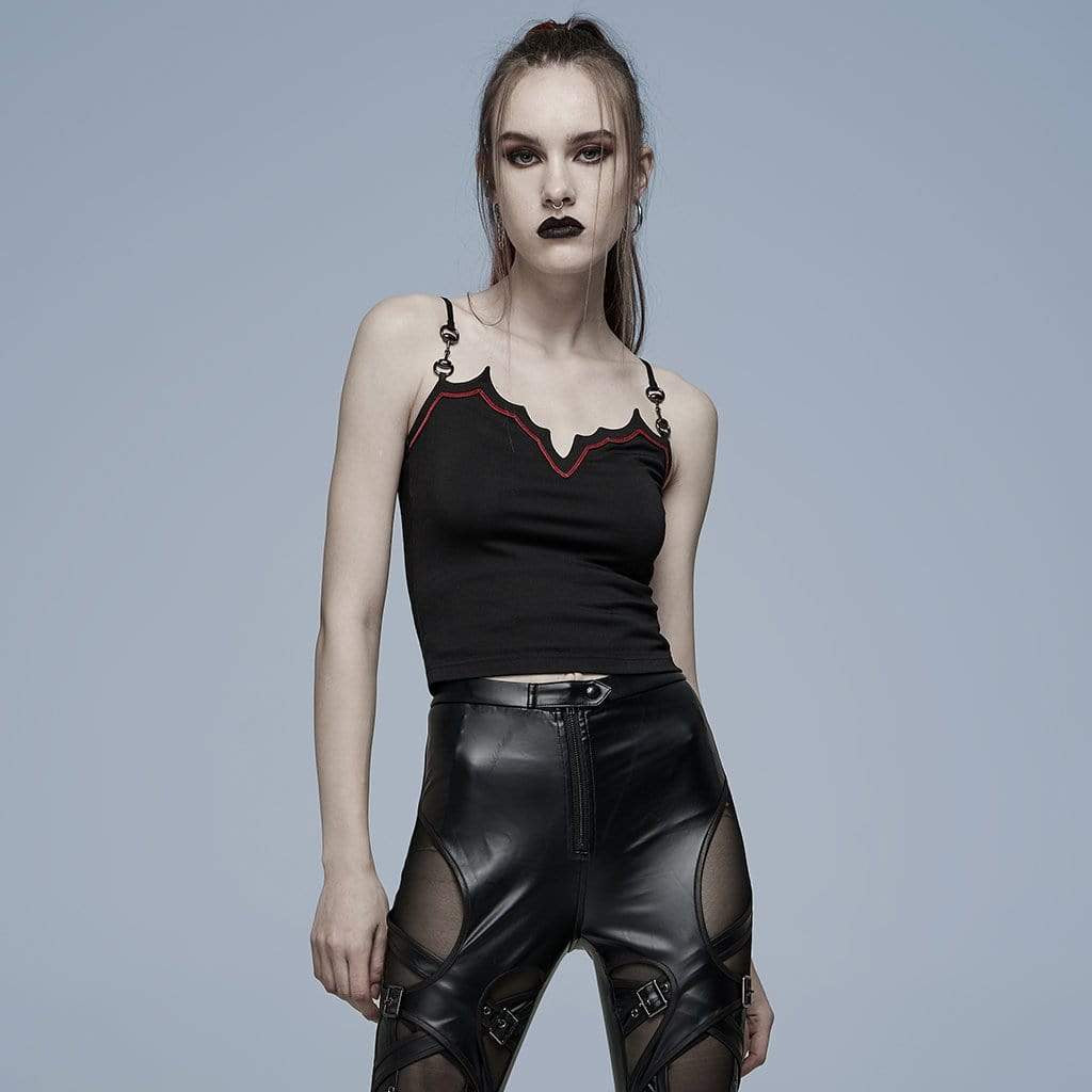 Model wearing Cave In gothic women's black top, showcasing the slim fit, bat-winged neckline, and adjustable straps for a versatile, alternative look.