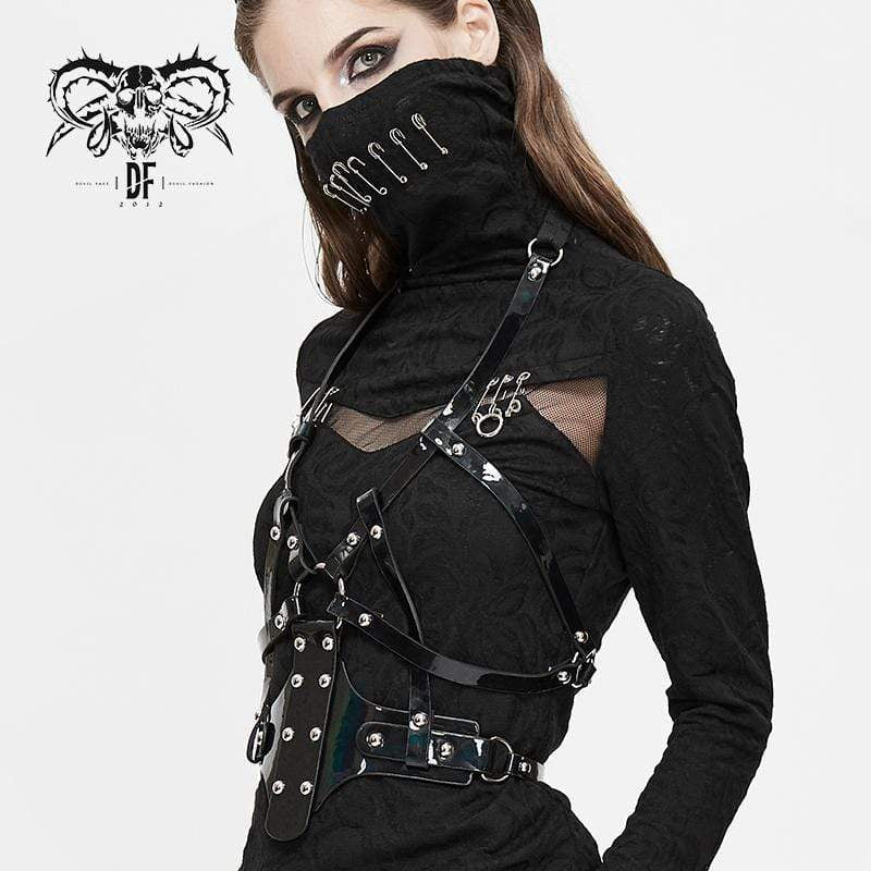 Side view of the Twisted Death Gothic Women's Body Harness, highlighting the rivet detailing and structured faux leather design for an edgy gothic aesthetic.