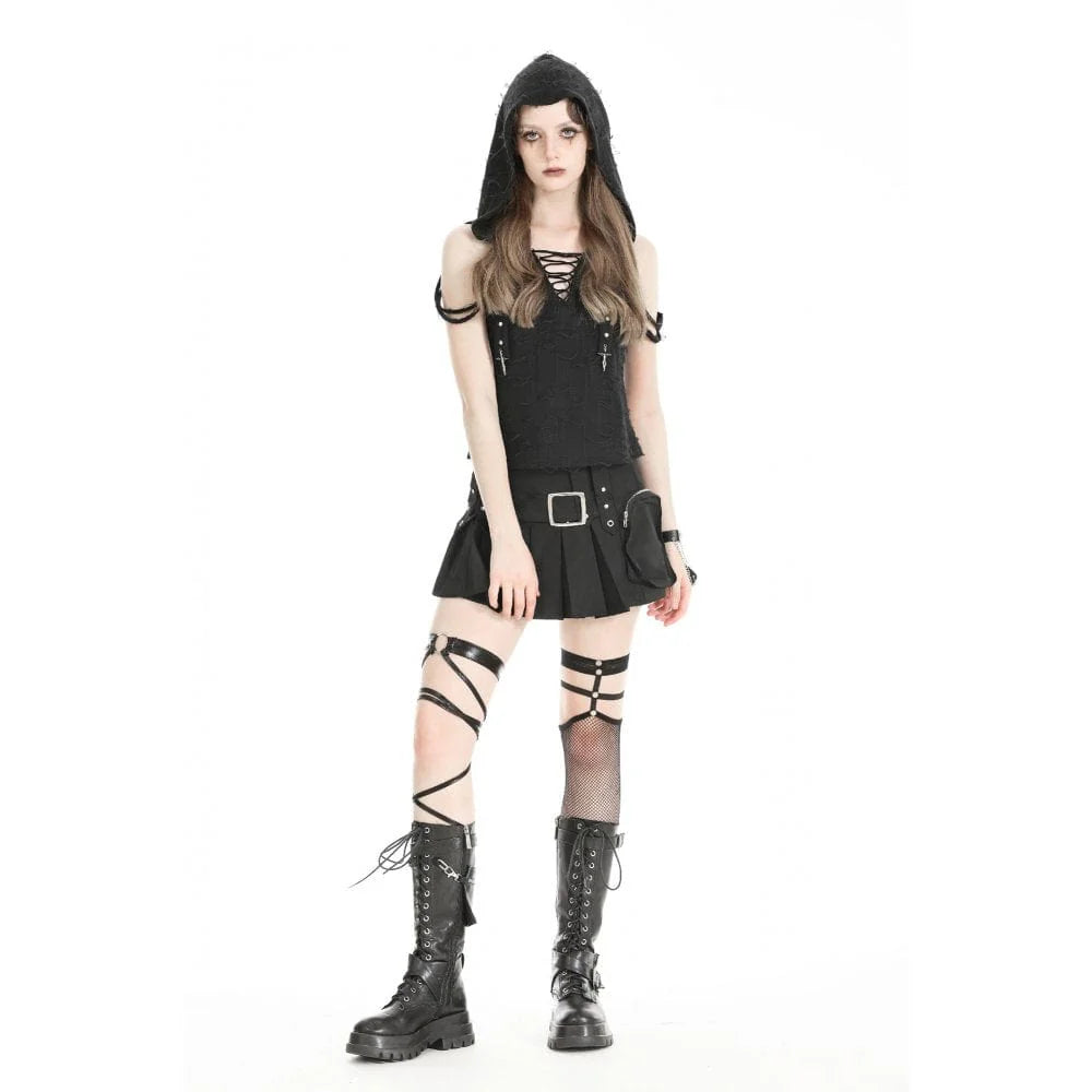 Front view of Jinxed Gothic Women's Hooded Top with cold shoulder design and plunging V-neckline.