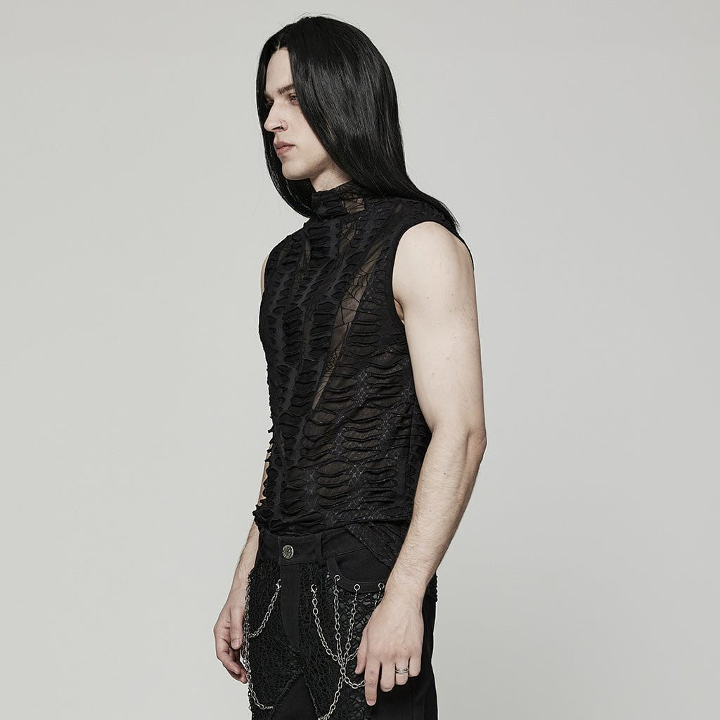 Side view of the Pantherophis Gothic Men's Top, highlighting the sleeveless design, intricate mesh detail, and slim fit, perfect for an edgy, alternative aesthetic.