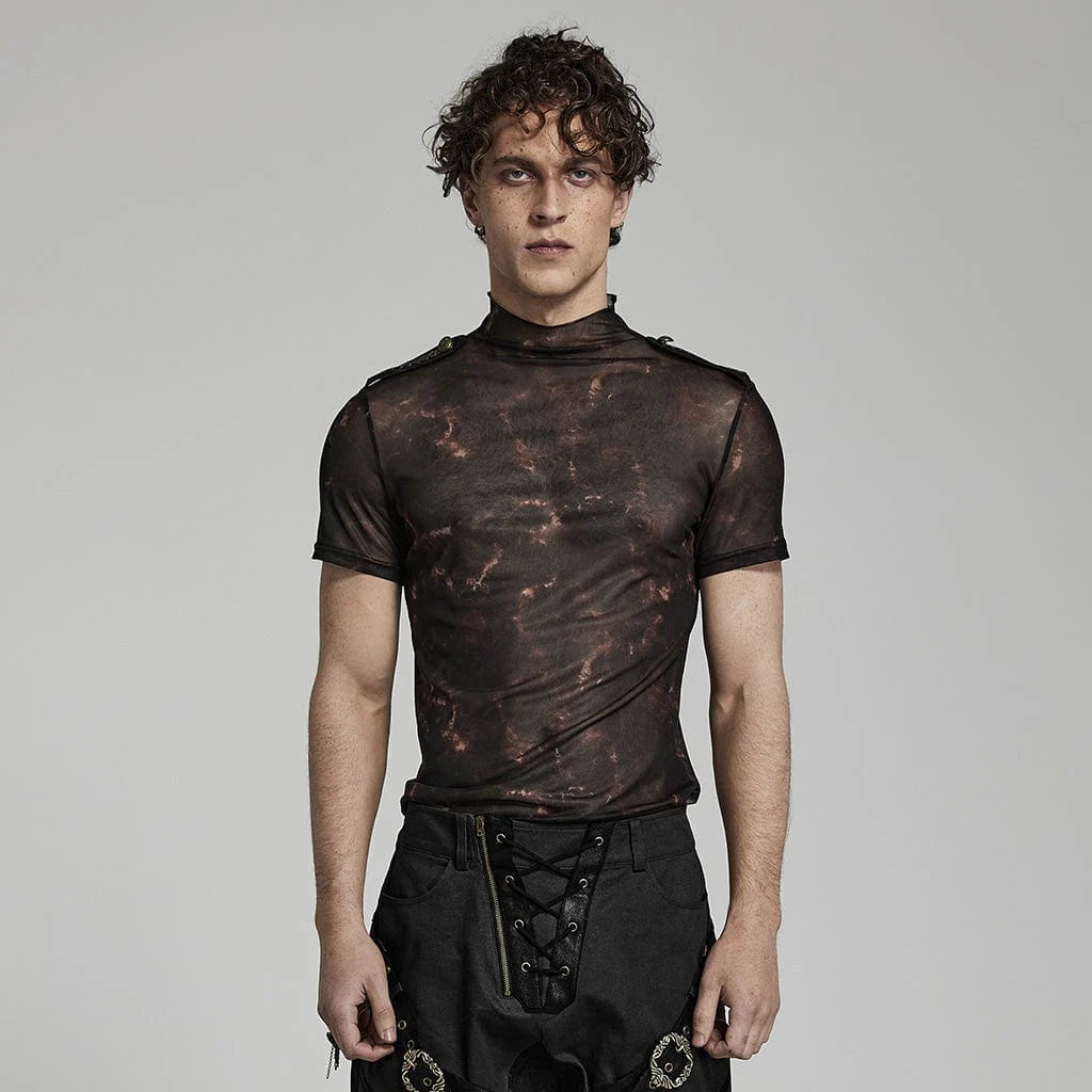 Front view of the Garter Serpent Gothic Men's Top, showcasing subtle orange abstract detailing on a tie-dyed black and brown background, with a high neckline and short sleeves.