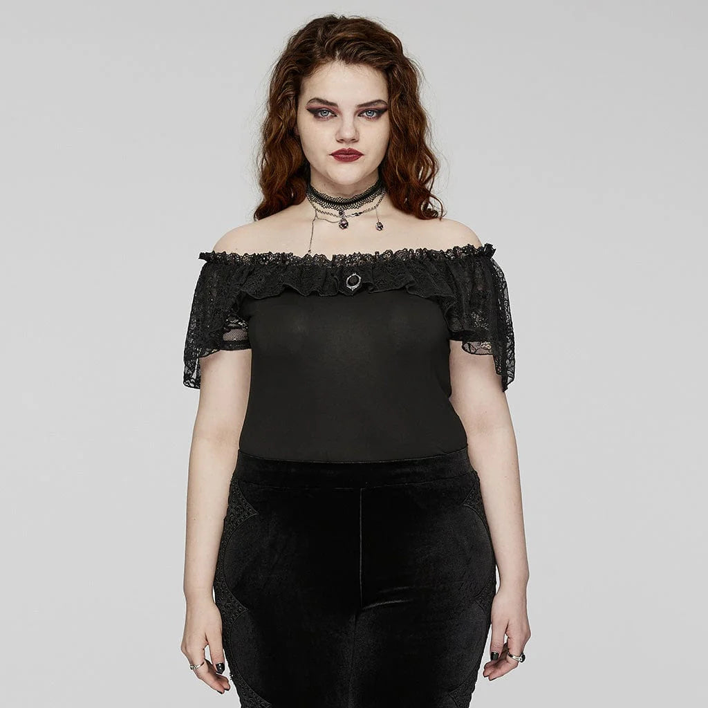 front view of Moonlight Gothic women's top with off-the-shoulder design and ruffle laced patchwork