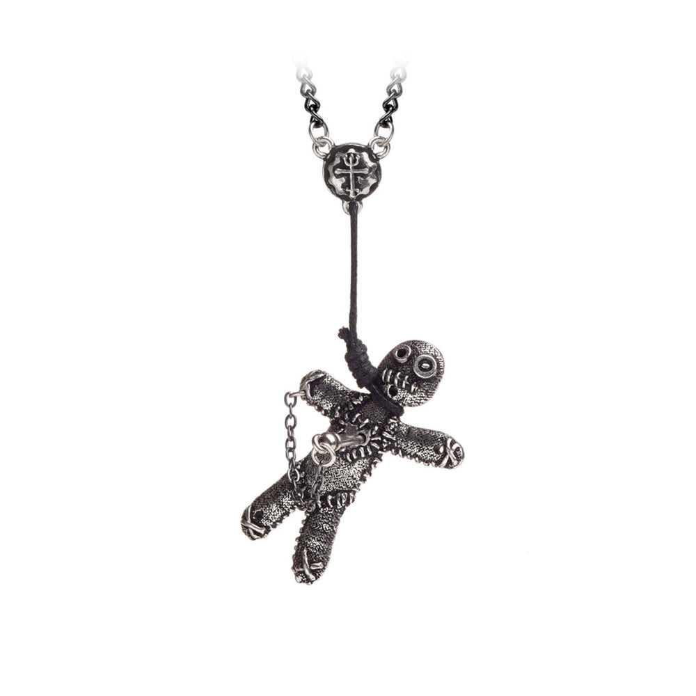 Gothic pendant depicting a tortured voodoo doll, representing ancient folk magic and dark mystical protection.