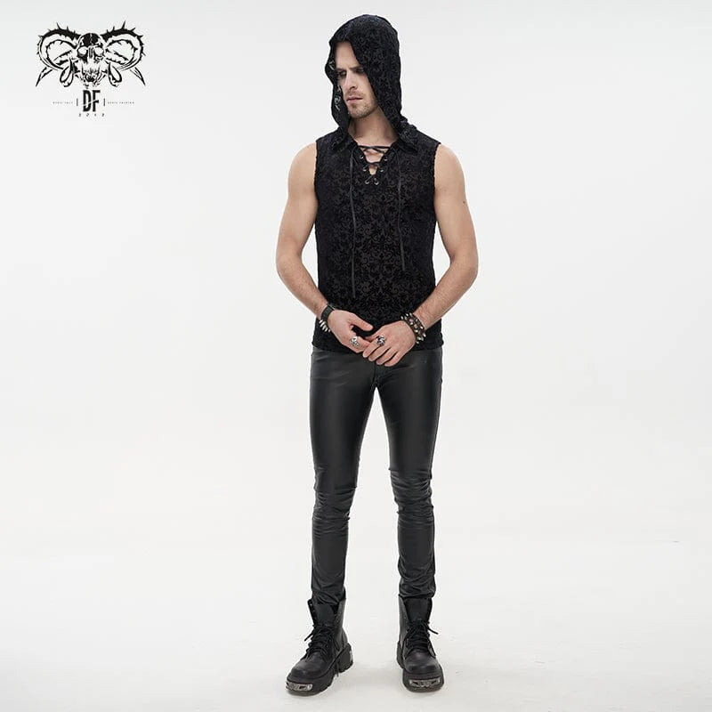 Another front view of the Death Blooms Gothic Men's Top, featuring the fitted silhouette, lace-up neckline detail, and ornate pattern on stretchy black velvet fabric, with the hood adding a mysterious touch.