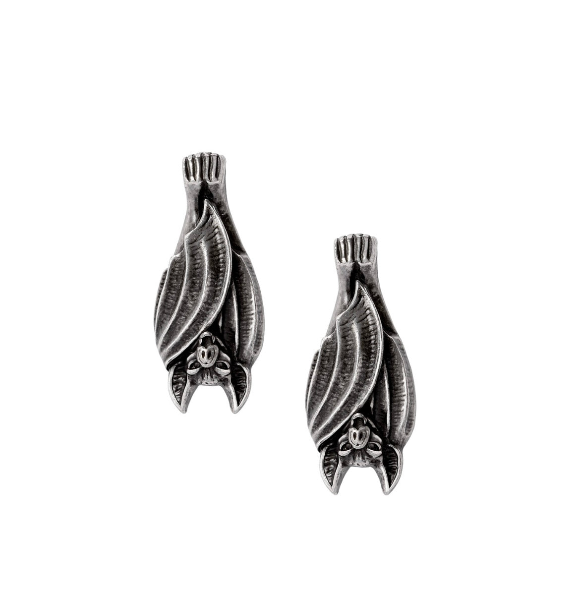 Handcrafted 'Before Dusk' roosting bat earrings made from fine English pewter, with surgical steel ear posts for a gothic look.