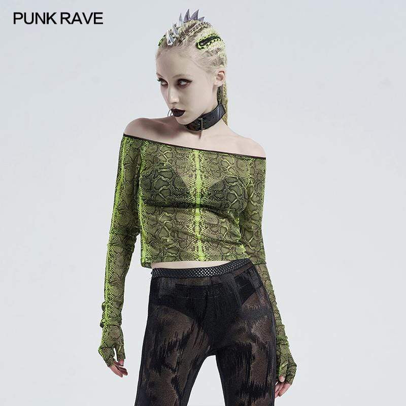Neon Serpent Gothic Top, Front View Showing Off-Shoulder and Cropped Style with Sheer Fabric