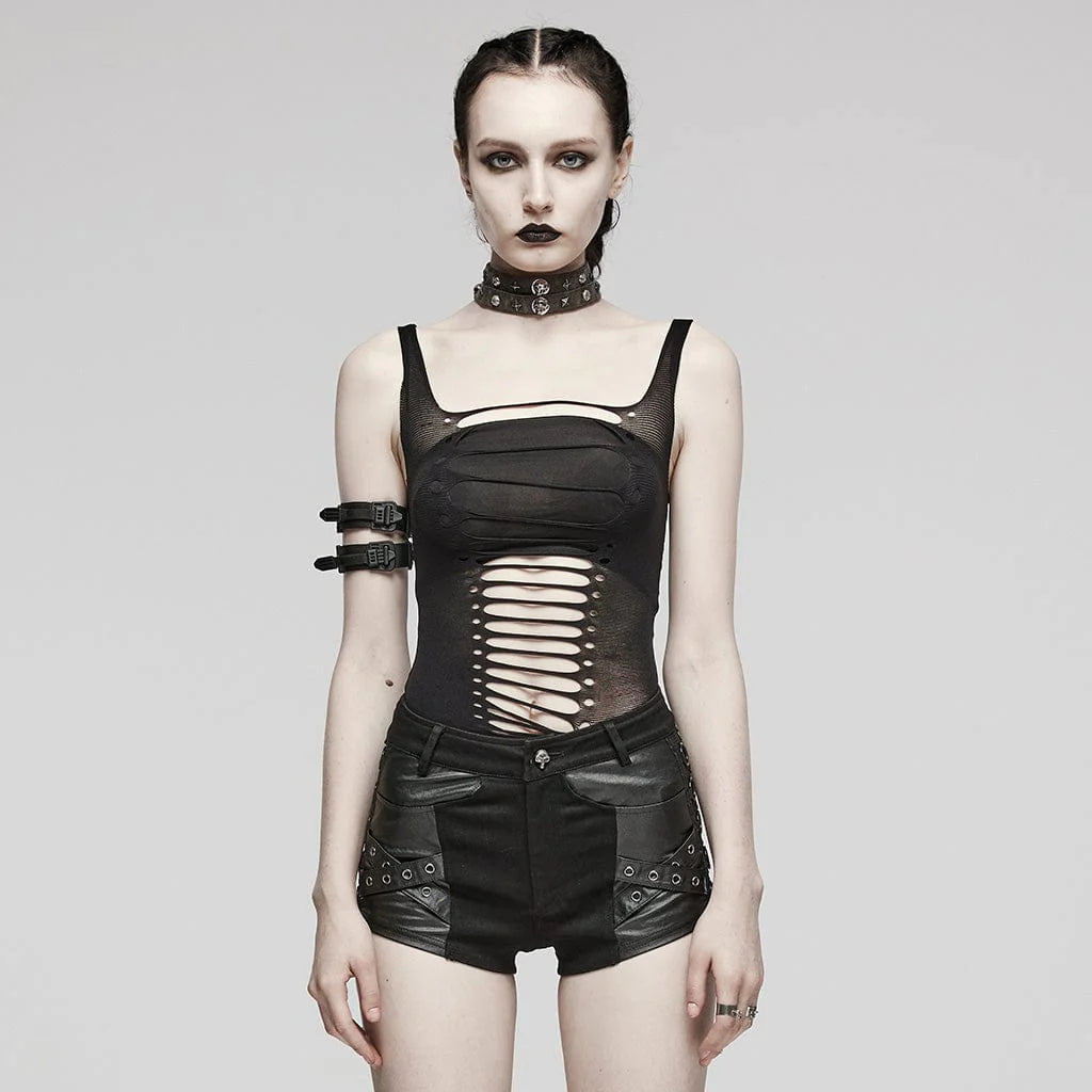 Front view of Deeply Wounded gothic women's black tank top with cut-out design and distressed fabric.