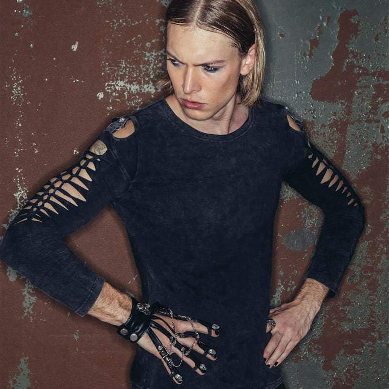 Alternate side view of the Skull Crusher Gothic Men's Wrist Band, emphasizing the detailed craftsmanship of the leather, metal accents, and gothic-inspired design.