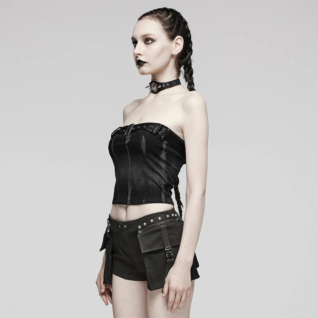 Side angle of slim-fitted gothic crop top with a dark alternative aesthetic.