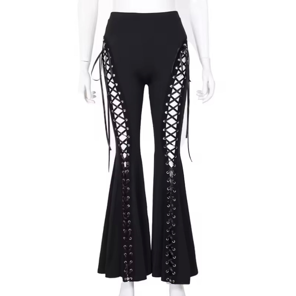 Close-up of lace-up detail on high-waisted gothic flare pants