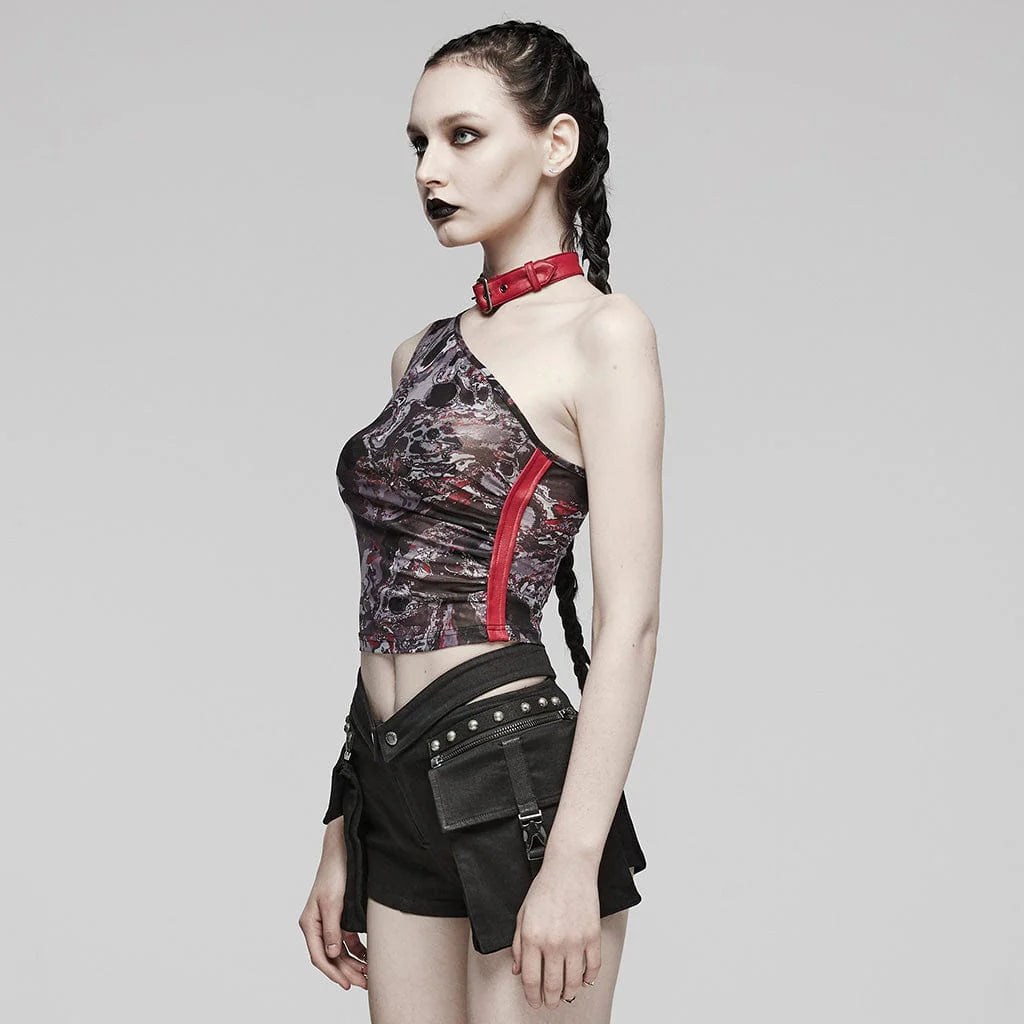 Side view of the Snake In The Grass Gothic Women's Top showcasing gathered side design and rubberized fabric with an adjustable buckle on the shoulder.
