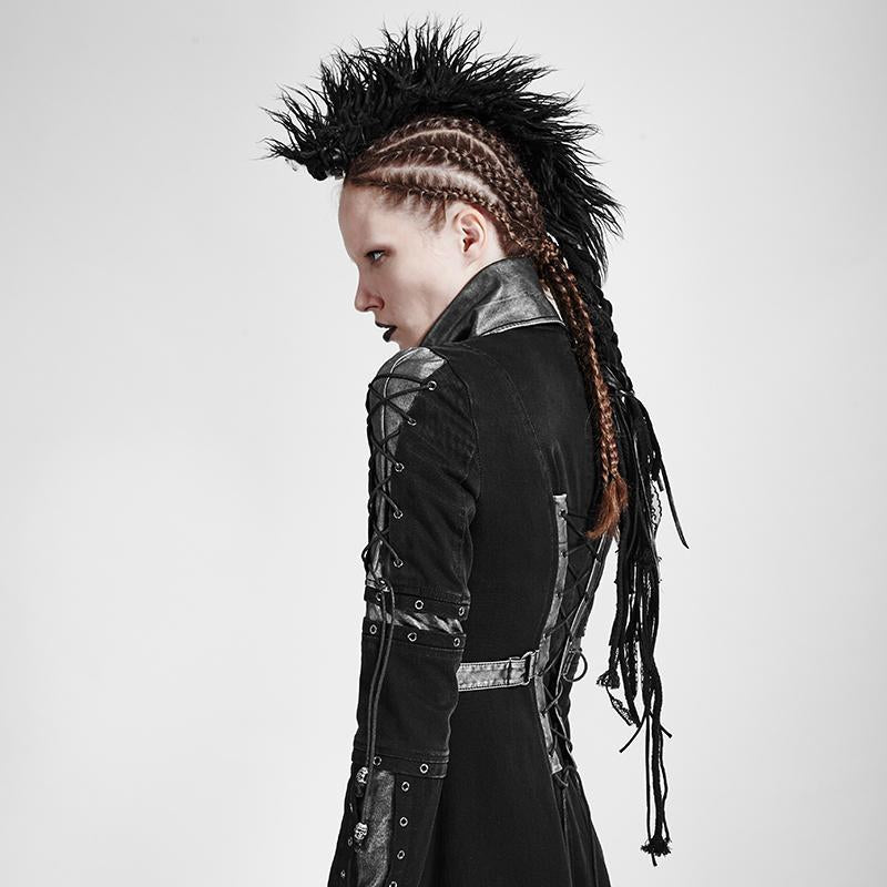Front view of Sorcery gothic headwear accessory showing synthetic black fur and braided cotton rope detailing.