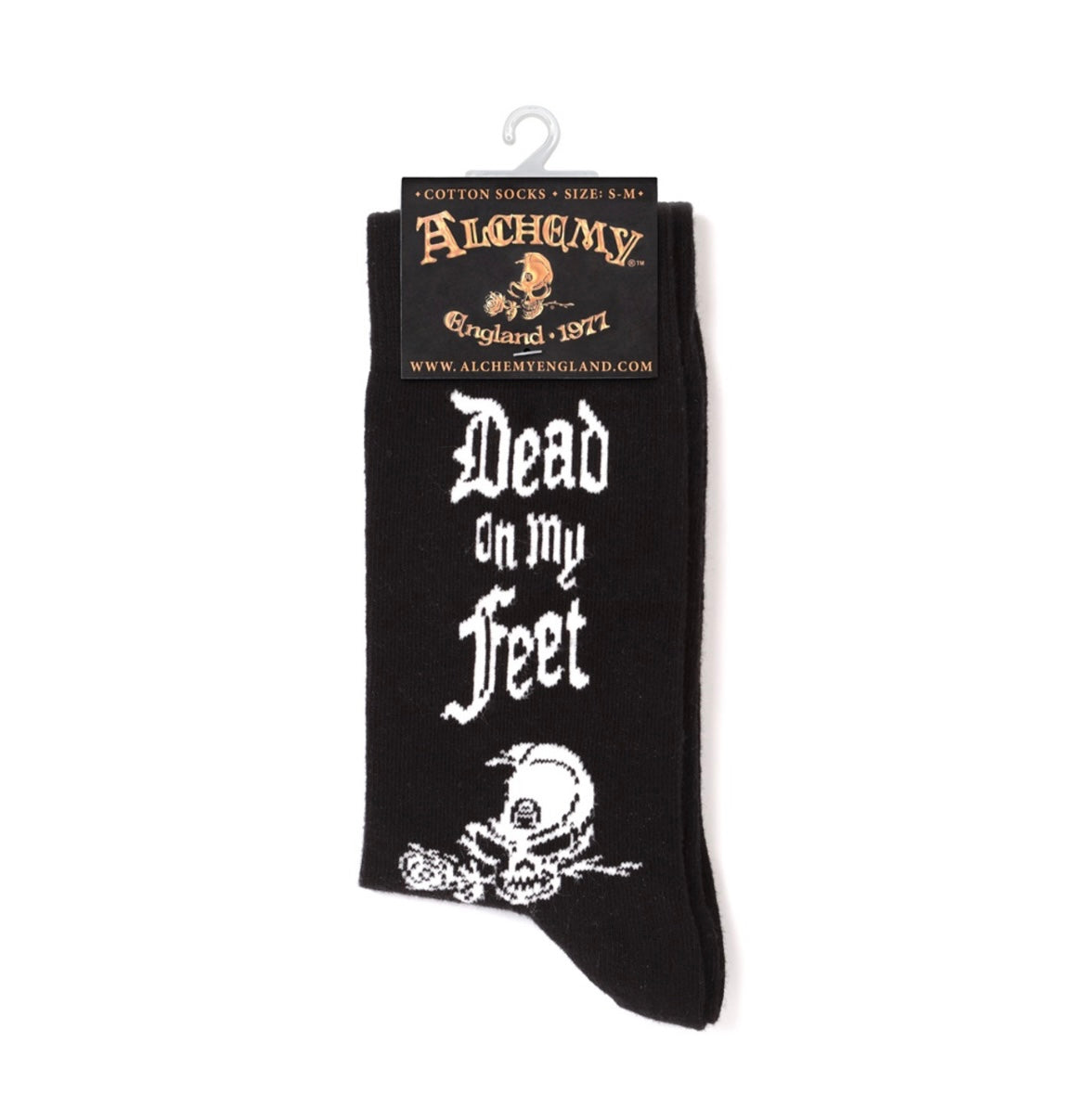 Black cotton socks with white 'Dead On My Feet' slogan, perfect for gothic or alternative fashion.

