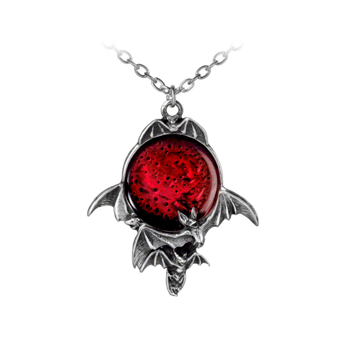 Close-up of the Blood Moon-Pendant with translucent red enamel and flying bat details in fine pewter.