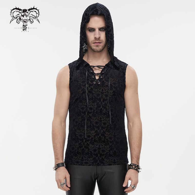 Front view of the Death Blooms Gothic Men's Top, showcasing the intricate ornamental pattern, lace-up neckline detail, and sleeveless design made from stretchy black velvet.