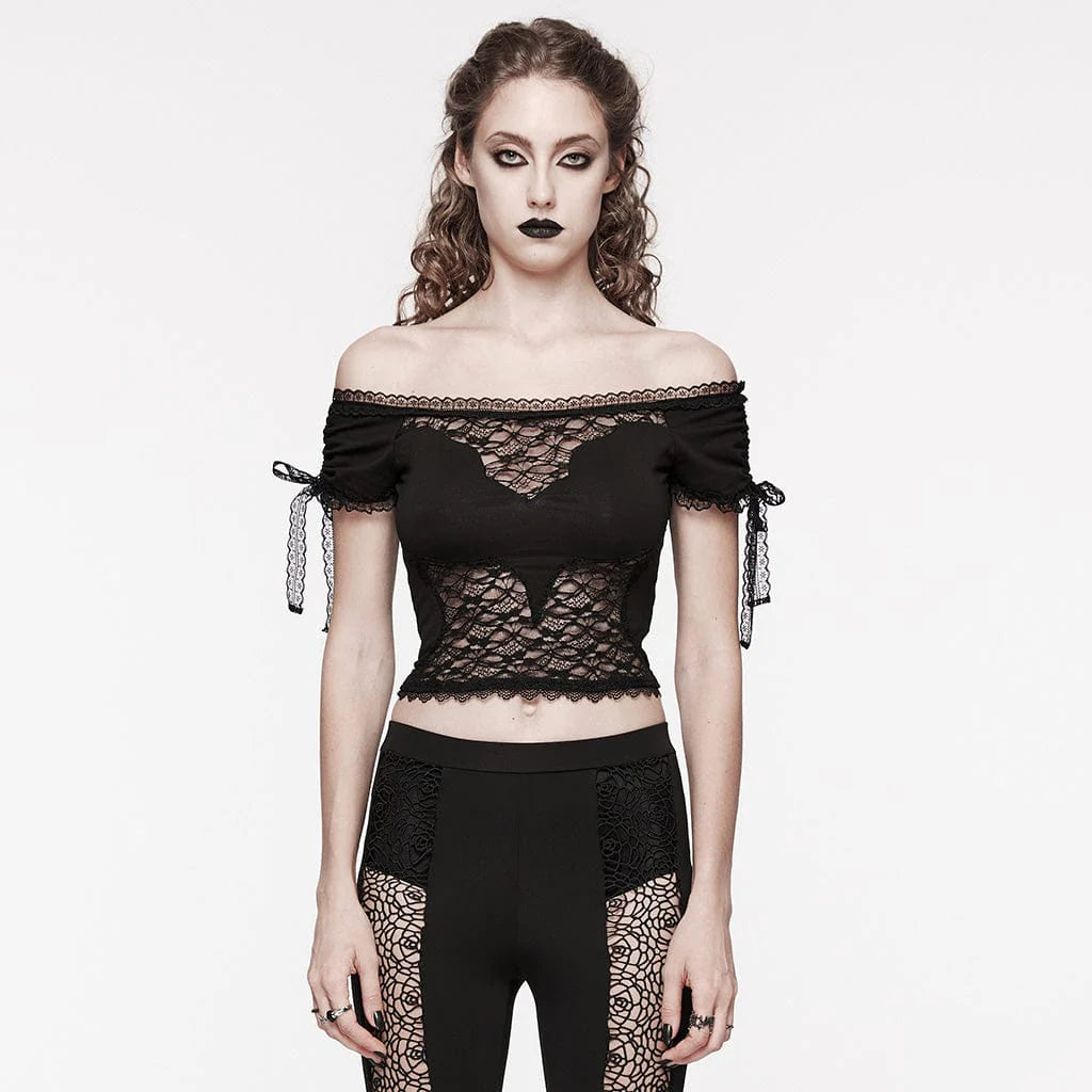 Gothic women's crop top modeled in a front-facing pose. Features sheer black lace front with a subtle bat-shaped detail. Off-shoulder short sleeves with lace ribbon drawstring and delicate lace trim. Slim fitted silhouette.