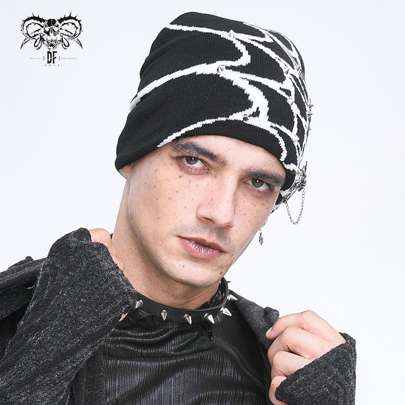 Front view of Arachnid gothic men's beanie featuring black knit fabric with white spiderweb design and silver spike rivets.