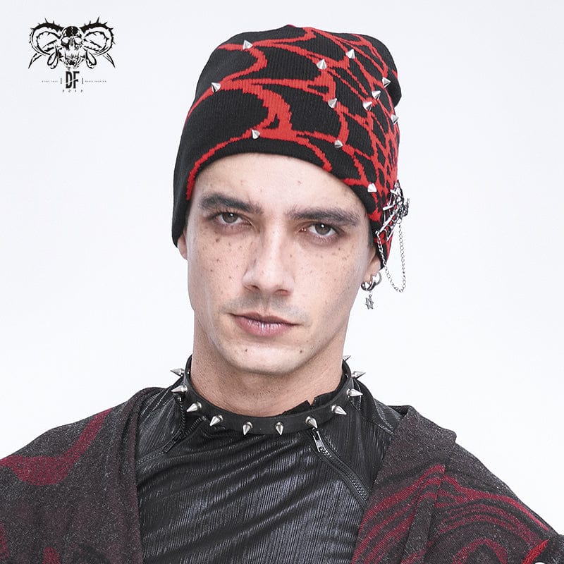 Front view of Arachnid gothic men's beanie showcasing black knit fabric with red spiderweb design and silver spike rivets.