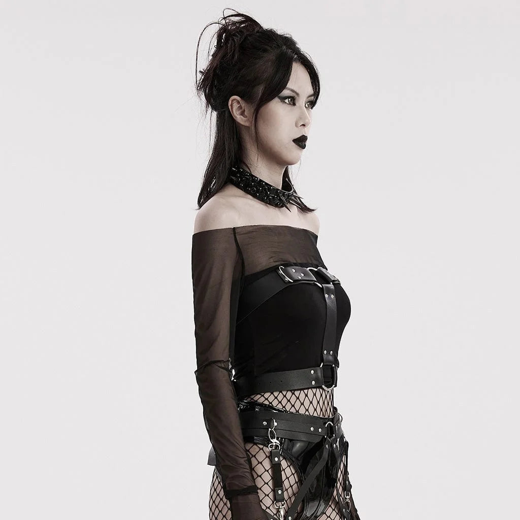 Side view of Bound and Bind harness, highlighting the adjustable back fastening and bold buckle design.