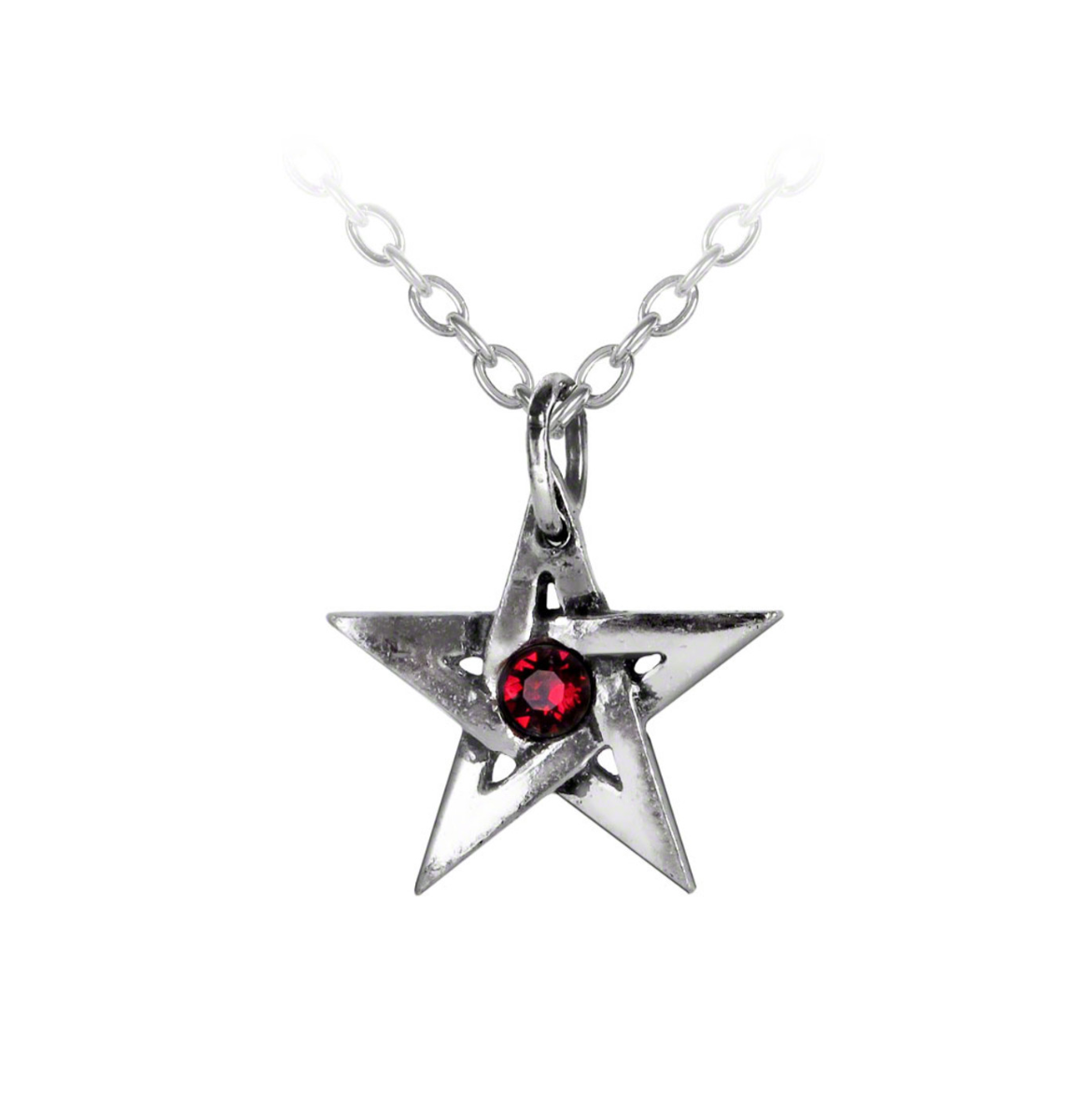 Close-up of the Crystal Pentagram-Pendant, showing the red crystal set in a fine pewter star design.