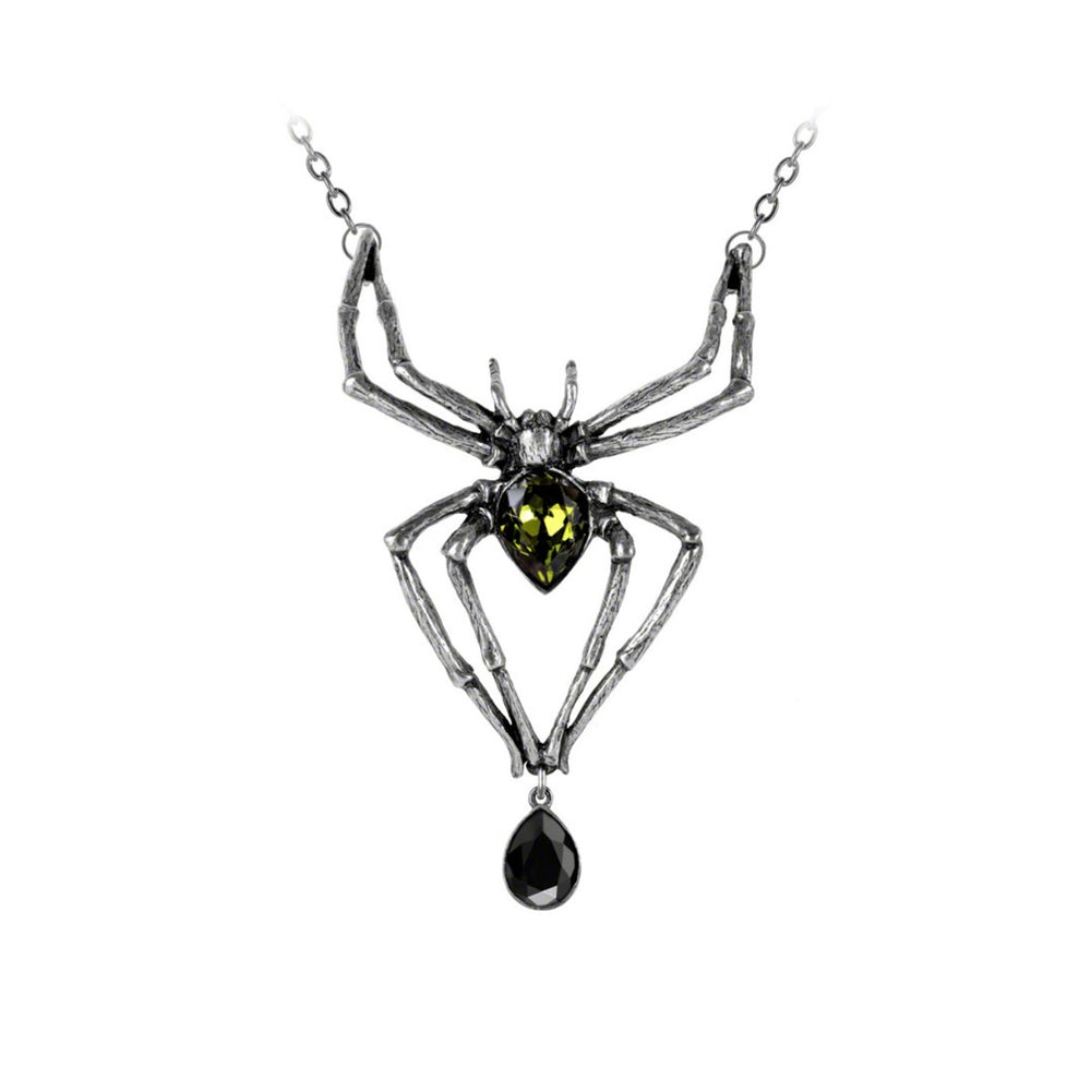 Large pewter spider necklace adorned with emerald and black Austrian crystals.
