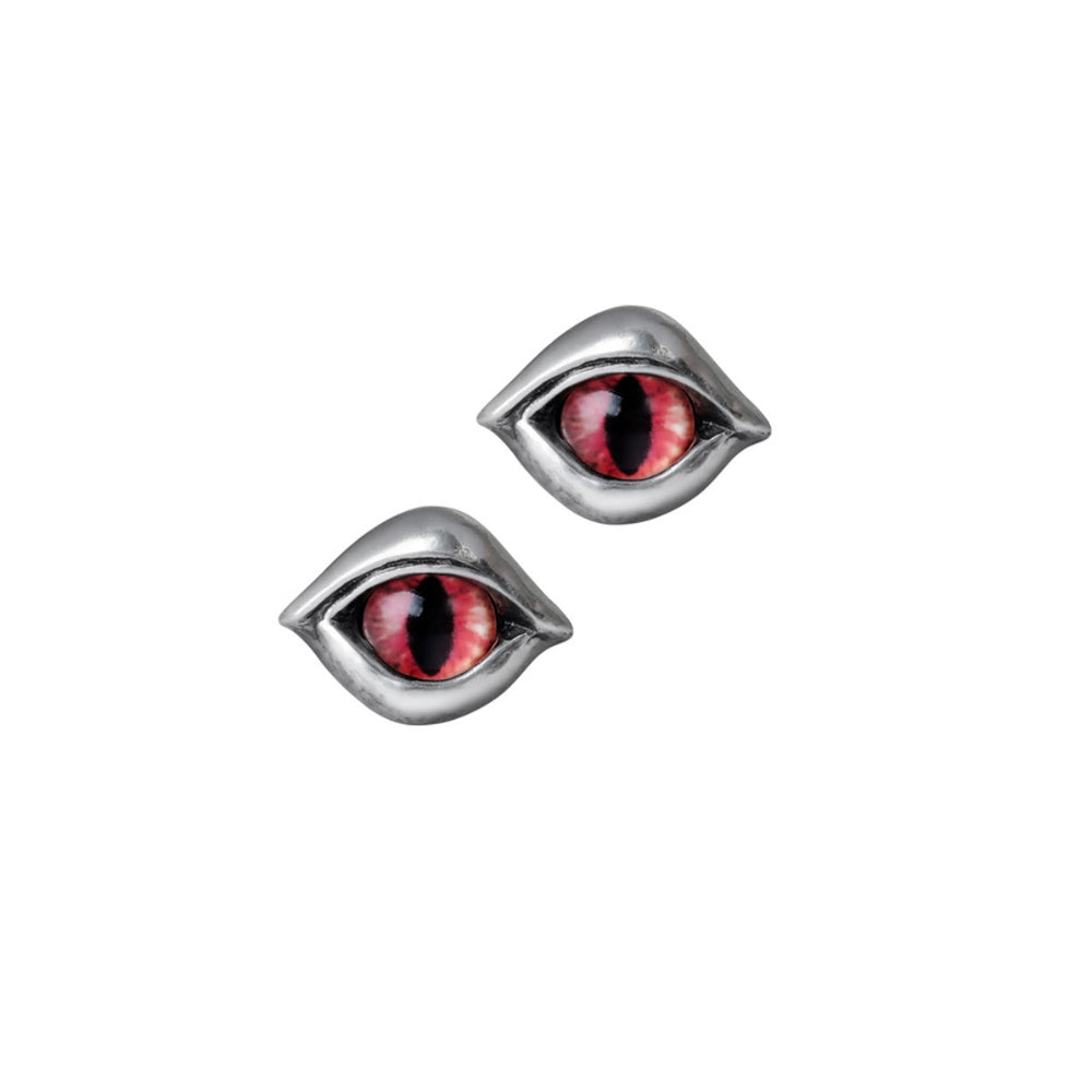A pair of gothic ear studs crafted from fine English pewter, each featuring a red and black glass iris resembling a creature’s eye. These striking studs measure 13mm in height, 18mm in width, and 15mm in depth, offering a dark, demonic touch to any alternative fashion look.


