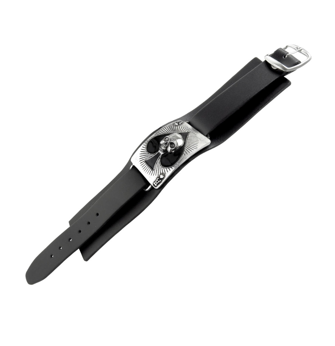 Adjustable leather wristband with pewter 'Ace of Spades' playing card fitting, adding a punk edge to any alternative style.