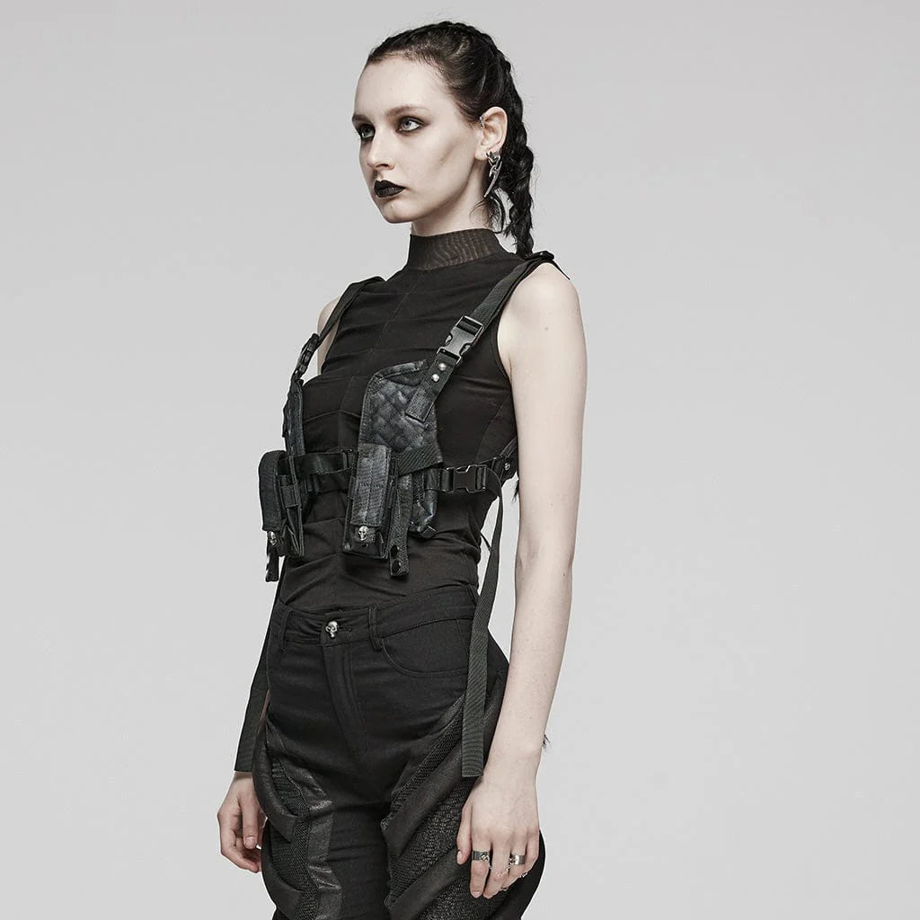 Side view of IMMORTAL gothic harness, featuring adjustable shoulder straps, military-style aesthetic, and detachable pockets with skull rivet accents.
