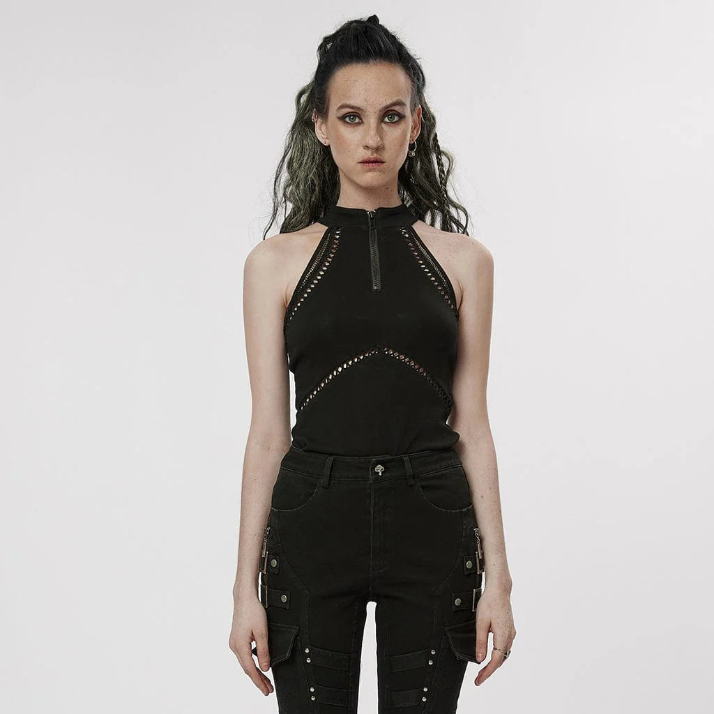 Front view of gothic women's halterneck top with black knitted fabric and laced cut-out details