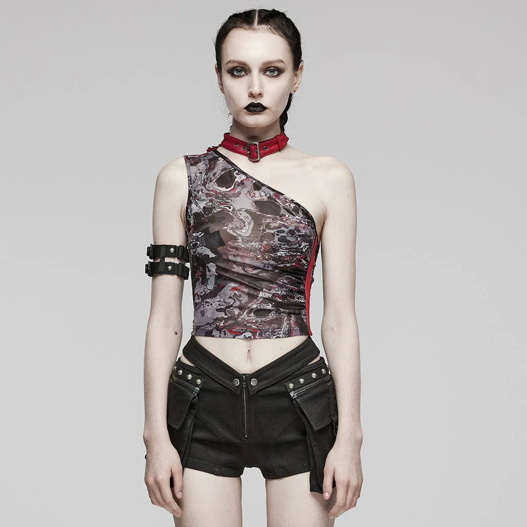 Front view of the Snake In The Grass Gothic Women's Top with printed gray and black mesh, asymmetrical off-shoulder design, and a detachable red choker.

