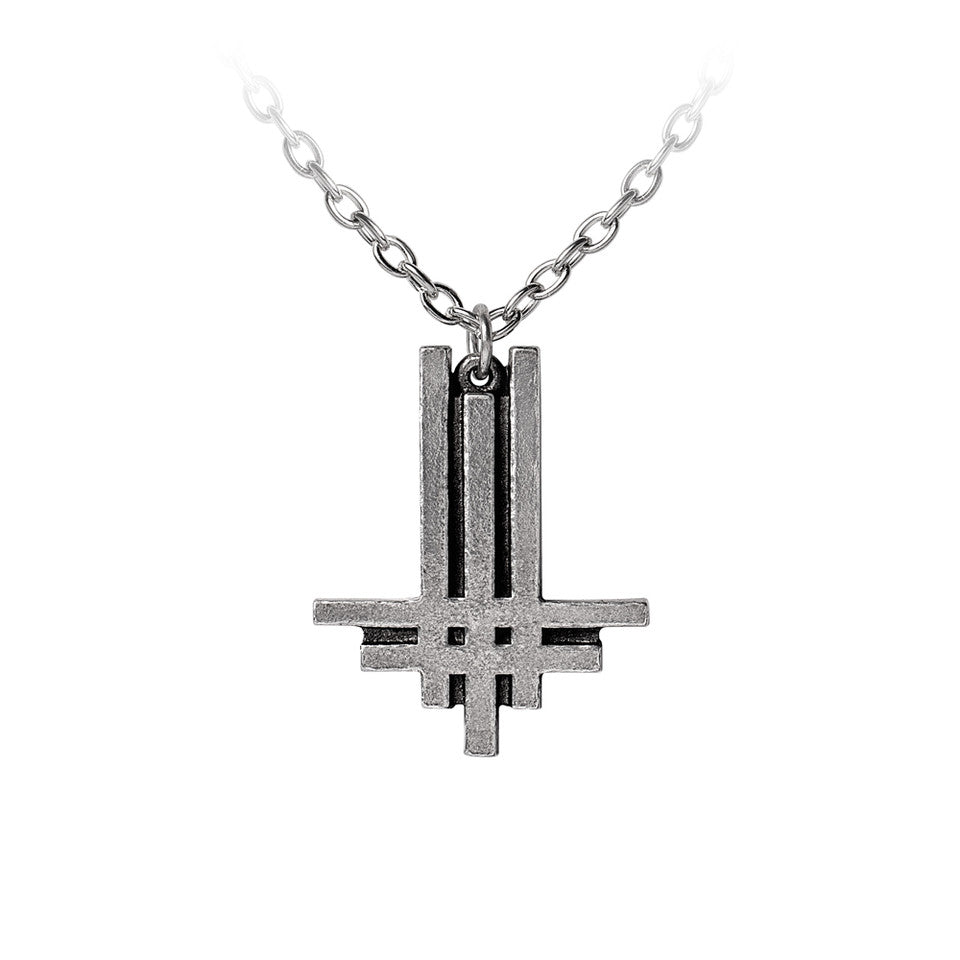 Behemoth gothic pendant featuring the inverted Triumviratus cross on a pewter chain, inspired by Opvs Contra Natvram.