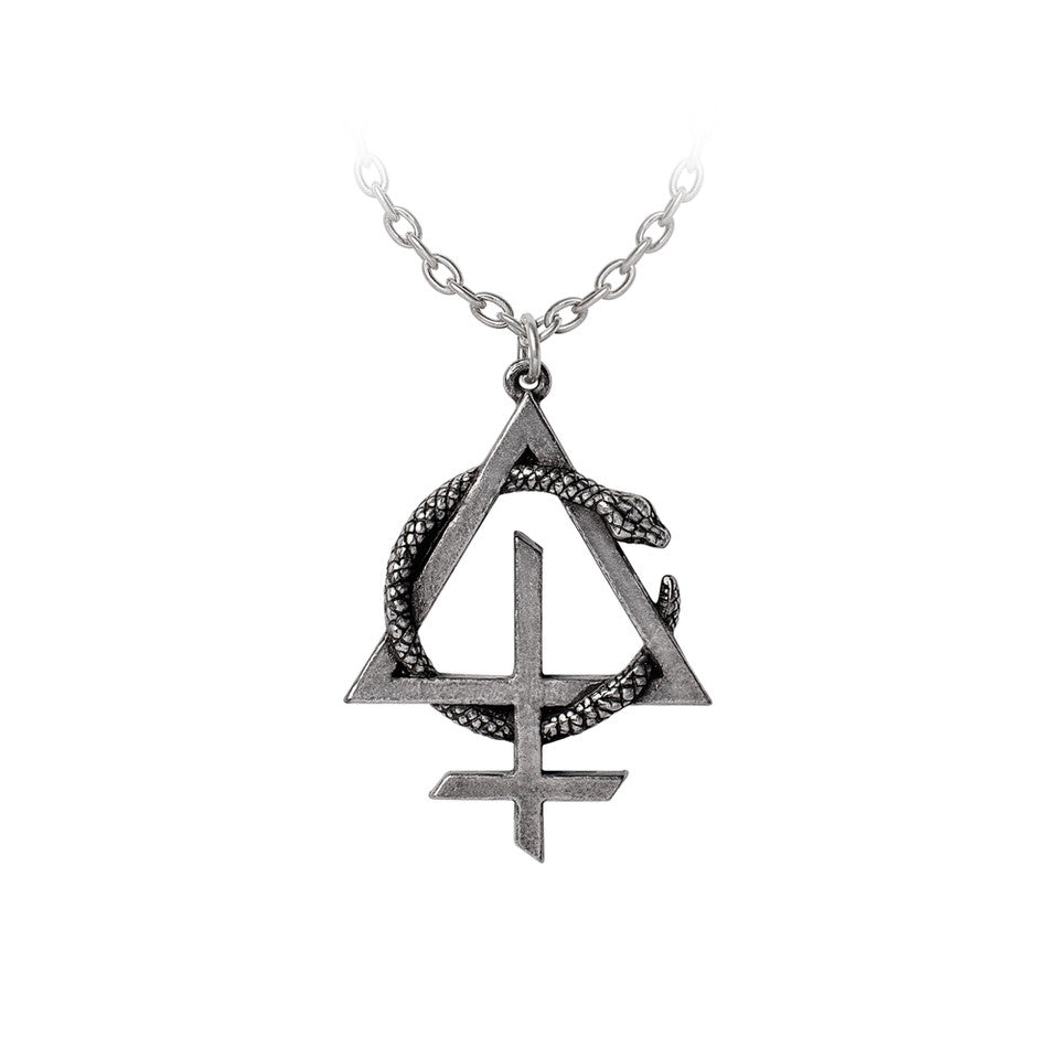 Behemoth Contra snake sigil pendant in 3D sculpted pewter on a 21-inch chain, gothic metal jewelry.

