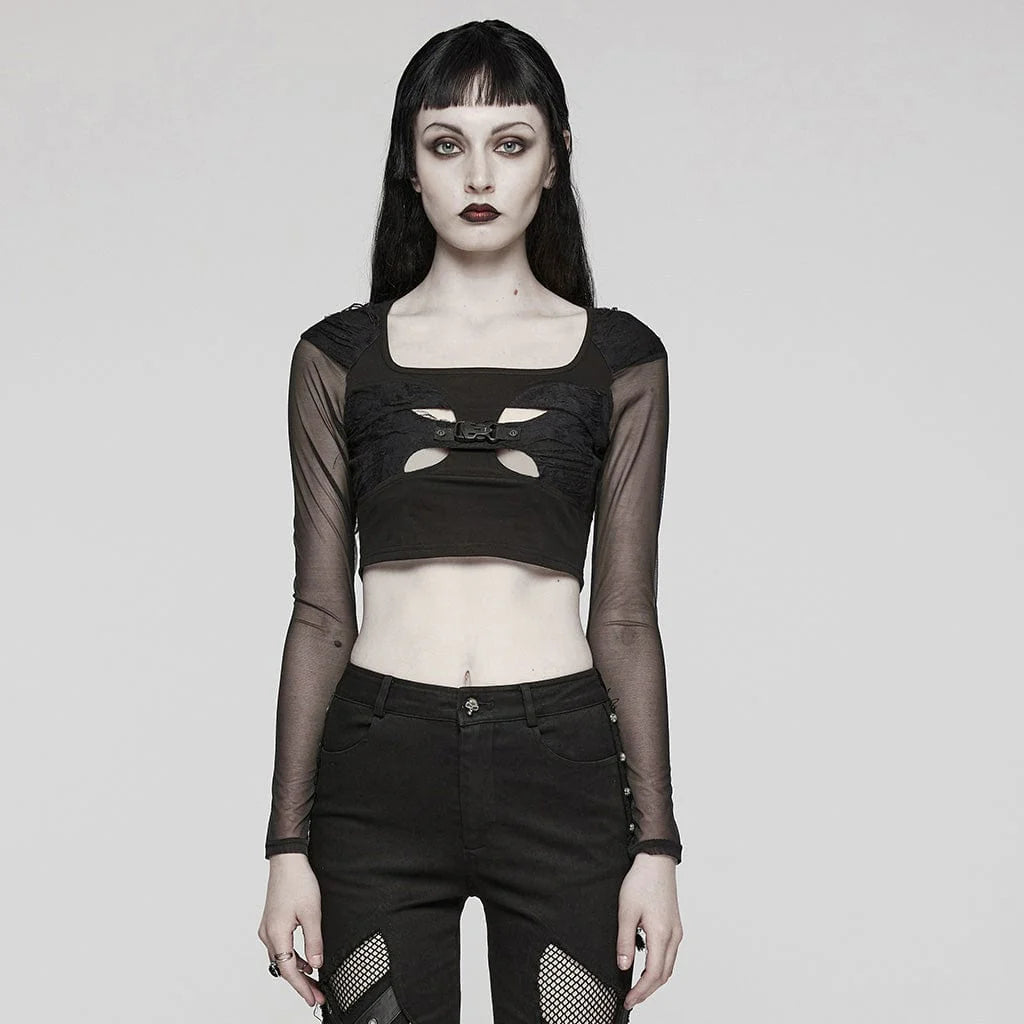 Model wearing Beyond Distorted gothic crop top with square neckline, front cut-out, and side-release buckle; sheer mesh long sleeves complete the edgy look.