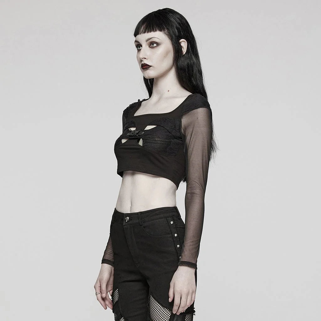 Model showcasing Beyond Distorted Gothic crop top with side-release buckle, cut-out detailing, and long black mesh sleeves, styled for a dramatic fashion statement.