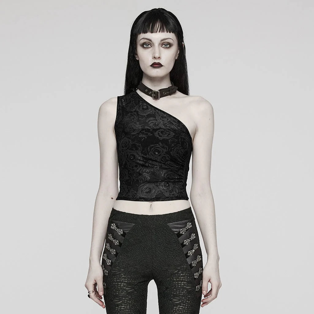 Model wearing Blood Pact one-shoulder gothic top with asymmetrical neckline and detachable choker, showcasing the black rose print mesh fabric and cropped fit.