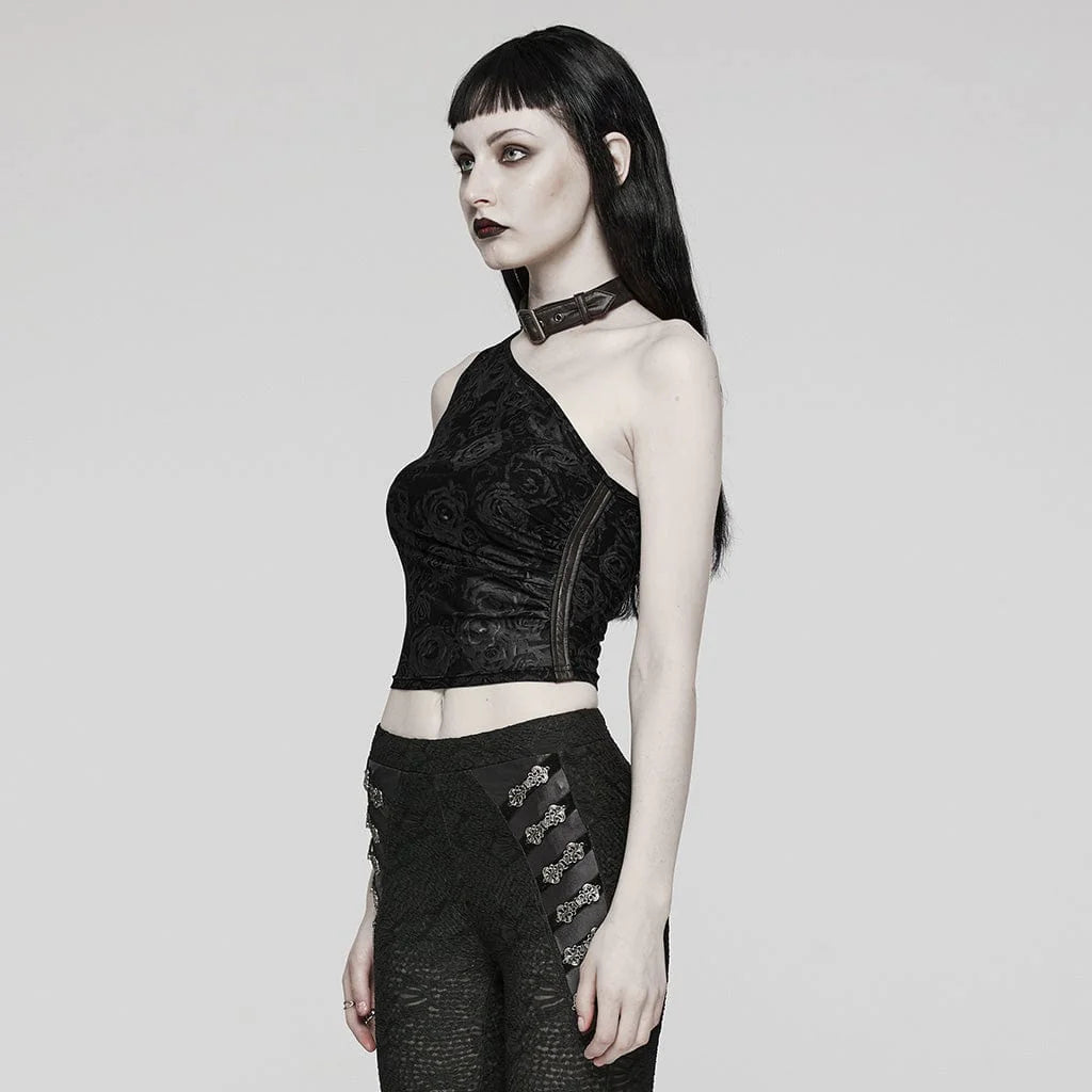 Side profile of model wearing Blood Pact gothic one-shoulder top, showing gathered side design and asymmetrical cut with sheer mesh floral print.