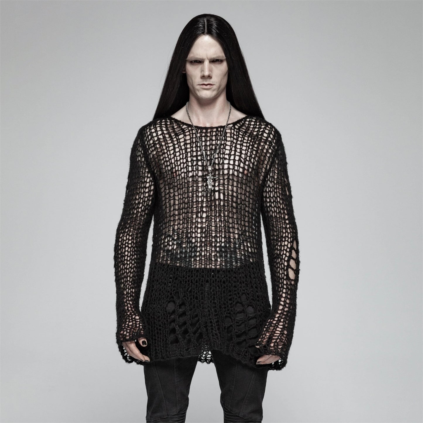 The Gothic men's top features a long-sleeve design made from black knitted fabric with flared sleeves, offering a loose-fitting, relaxed silhouette perfect for layering or casual gothic style.