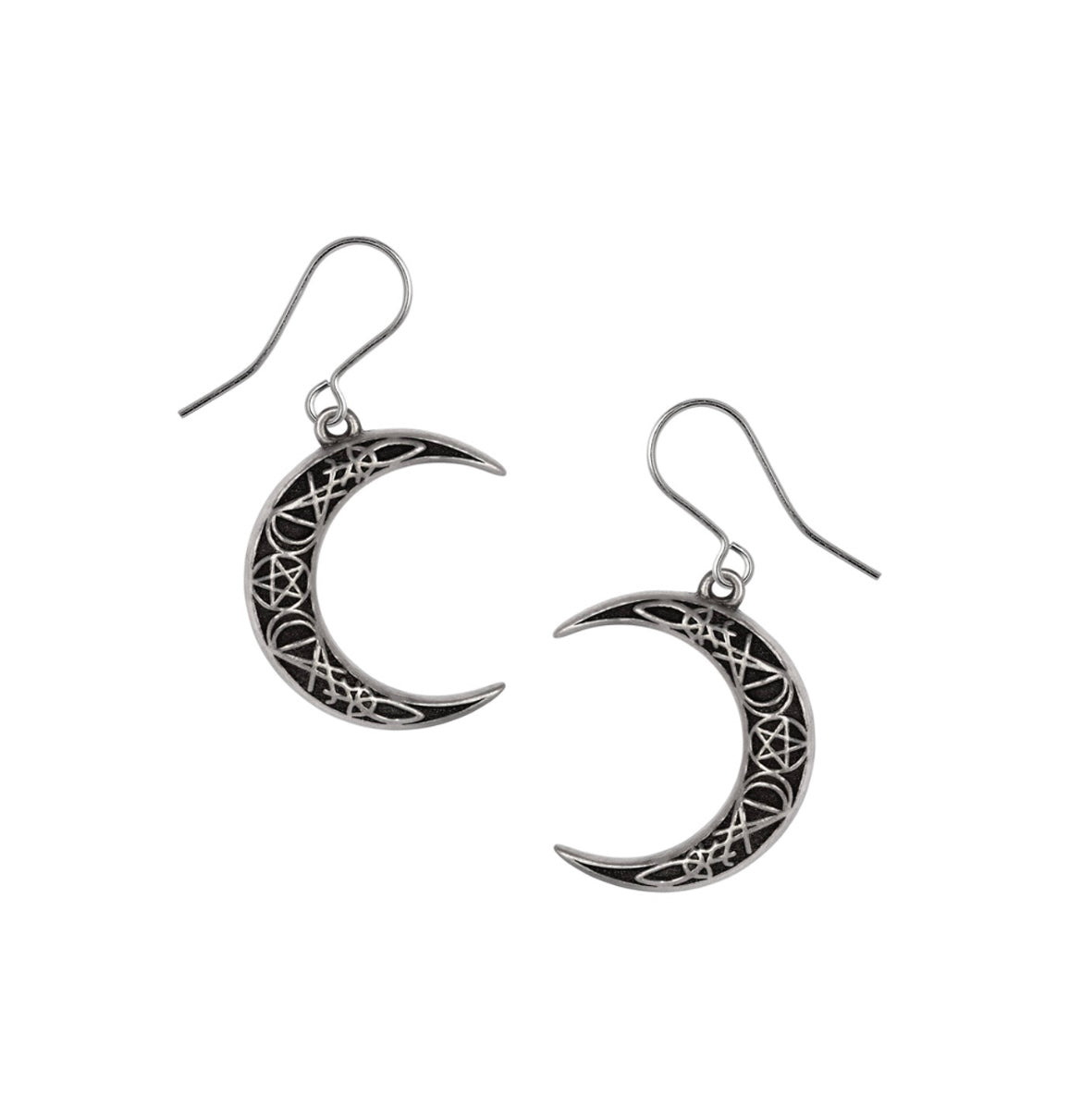 Gothic dropper earrings featuring a fusion of magical sigils, crafted in fine antiqued pewter with surgical steel plated wire, designed to invoke the powers of the moon and dark desire.