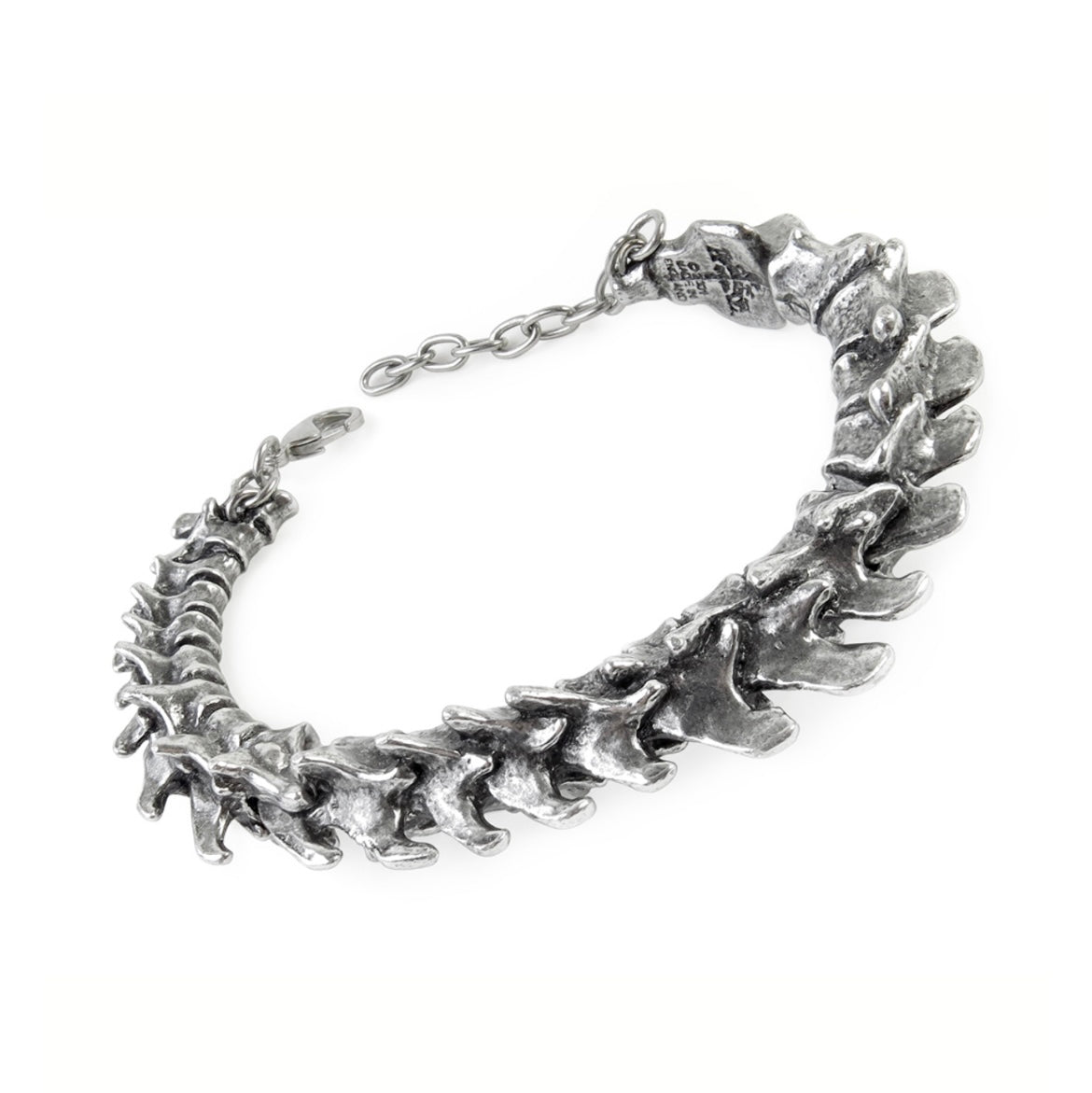 Side view of a sculpted spine bangle bracelet in solid pewter with gothic skeletal detailing.
