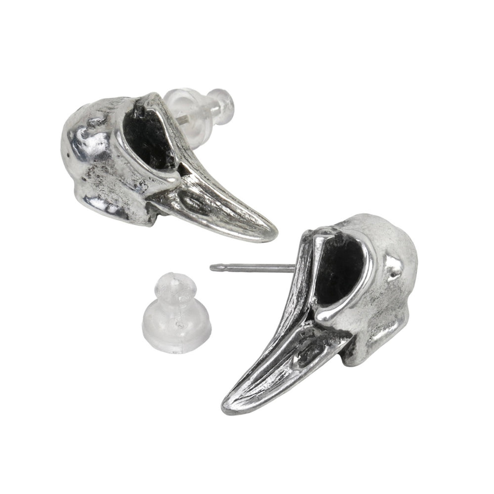 Side view of Rabeschädel-Earrings showing intricate bird skull shape and polished pewter finish.