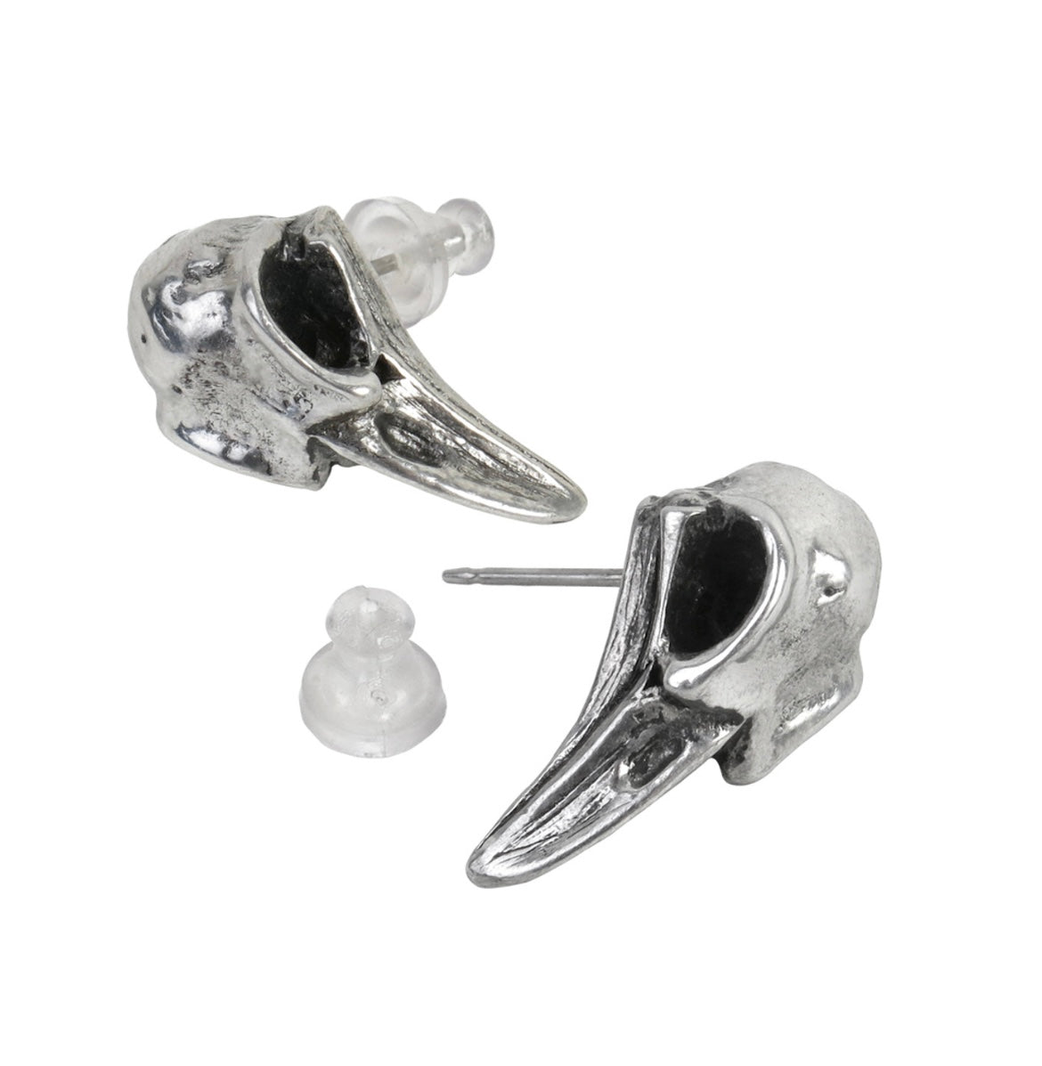 Side view of Rabeschädel-Earrings showing intricate bird skull shape and polished pewter finish.