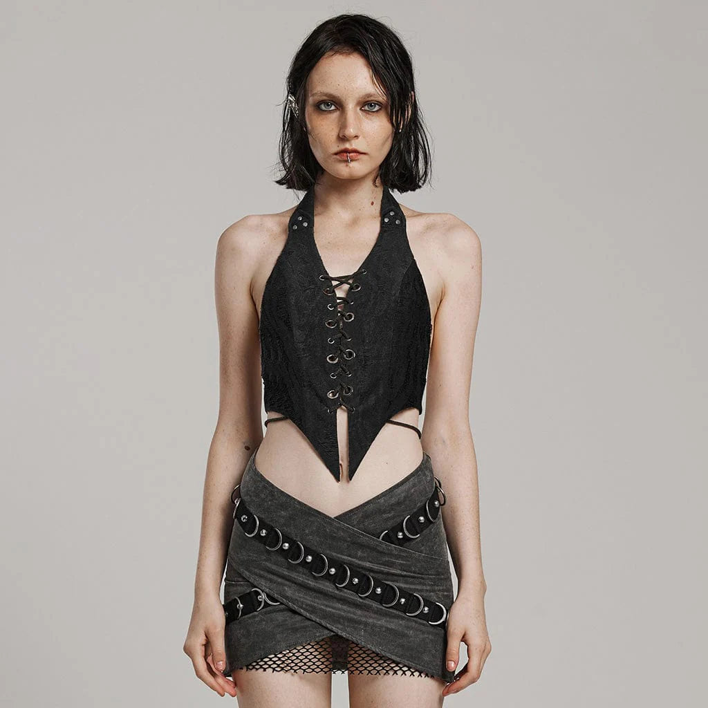 Model wearing the Dominate Me Gothic Women's Top, featuring a lace-up front and ripped knitted fabric.