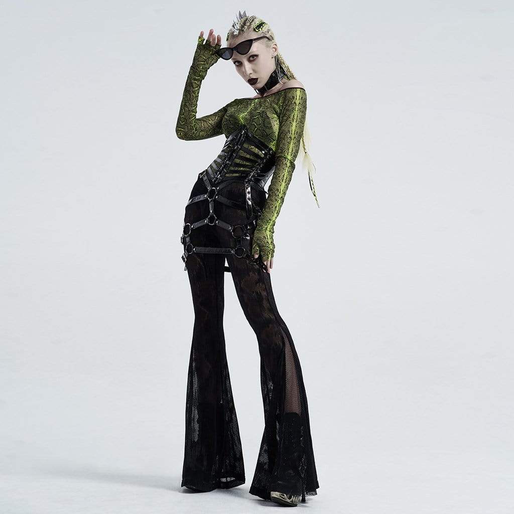Model wearing black snakeskin print gothic flare pants with mesh detail at the bottom, highlighting the edgy, flexible design and elastic waistband.

