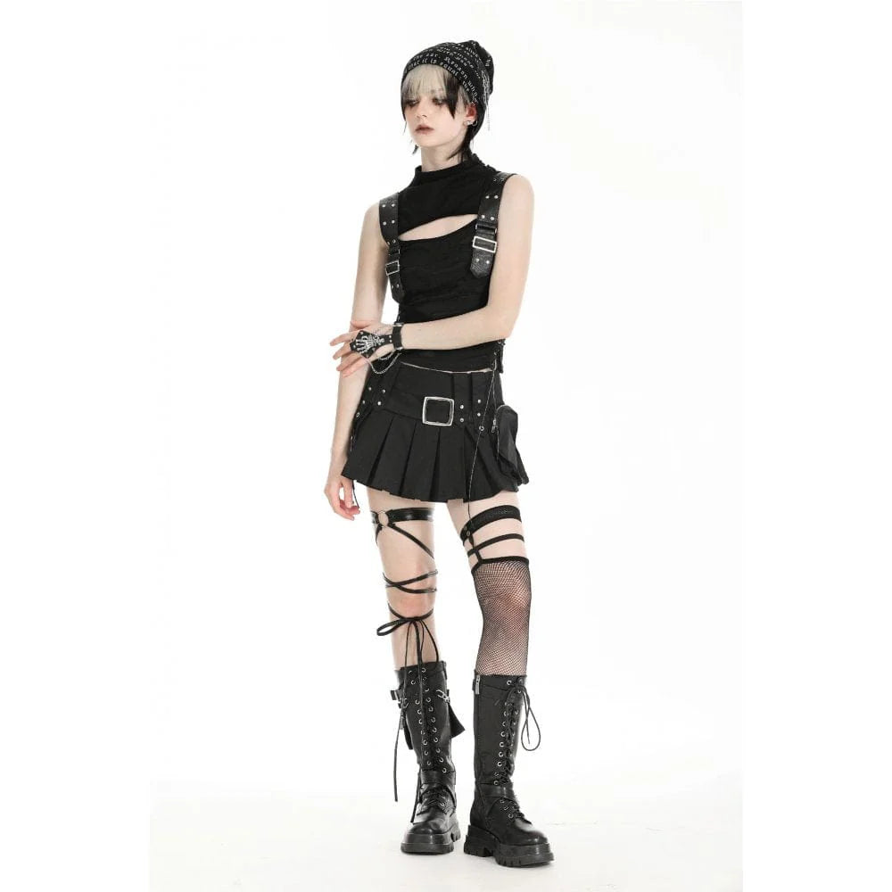 Direct front view of Bewitched top featuring a high stand collar, distressed knit fabric, and bold buckle straps on the shoulders with a prominent hollow-out chest detail.
